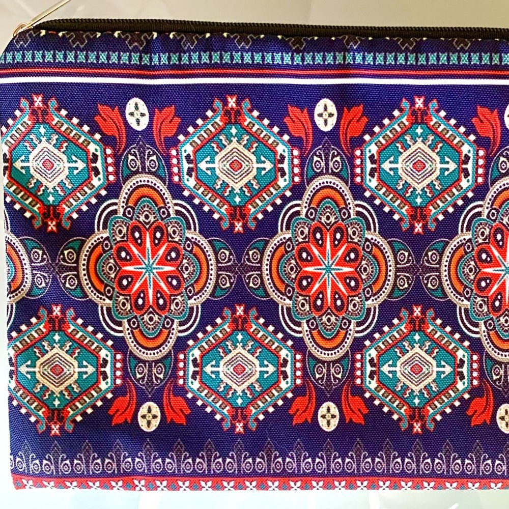 Red Blue Mandala Boho Ethnic Pattern Zippered Pouch Makeup Case Travel Bag New